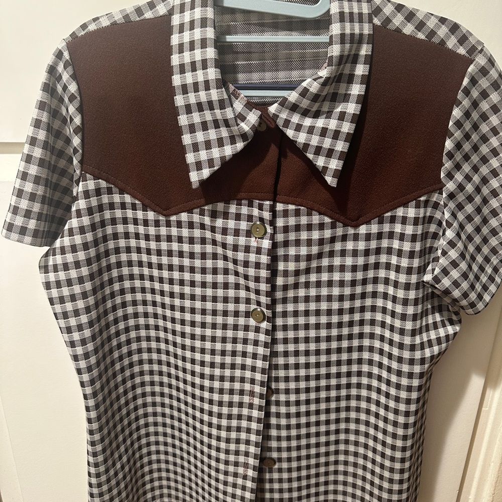 Brown and White Checkered Button-Up Shirt